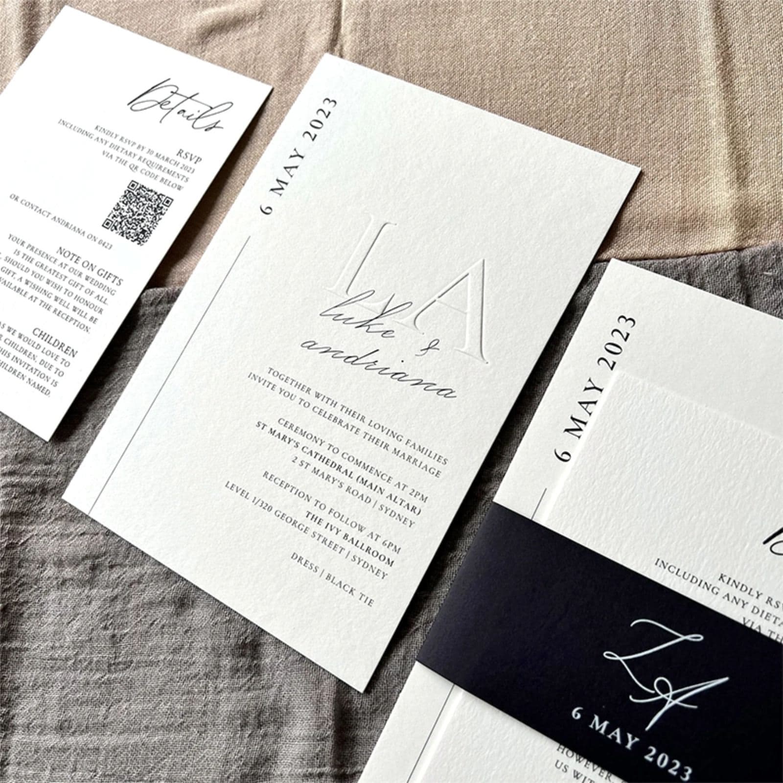 Wedding invitation details card with RSVP instructions and QR code